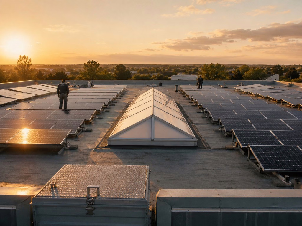 Комерційний flat roof з панелями та монтажною бригадою